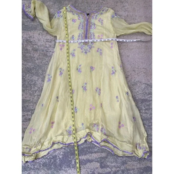 Agha Noor Afghanoor Yellow & Purple Embroidered Dress Size Medium Floral Lined - Picture 4 of 10
